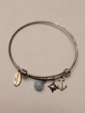 Sterling Silver Anchor & Star Charm Bangle with Pale Blue Bead